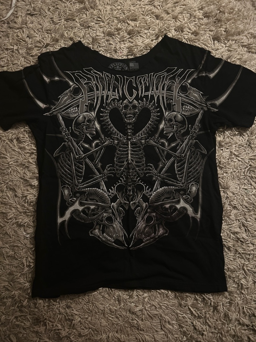 Affliction Black Tee Silver Skeletal Graphic Cut Collar